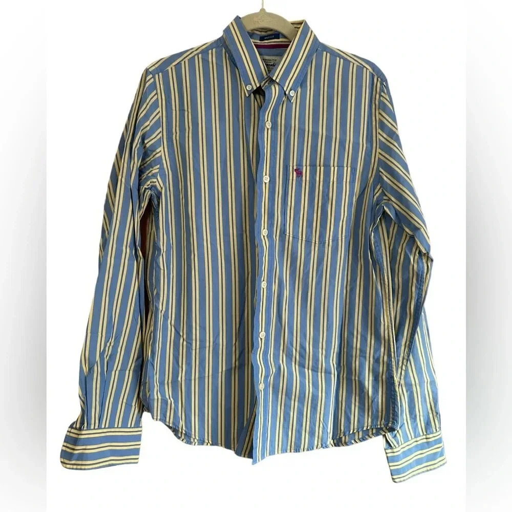 ABERCROMBIE & FITCH BLUE AND YELLOW STRIPED MUSCLE FIT BUTTON DOWN SHIRT